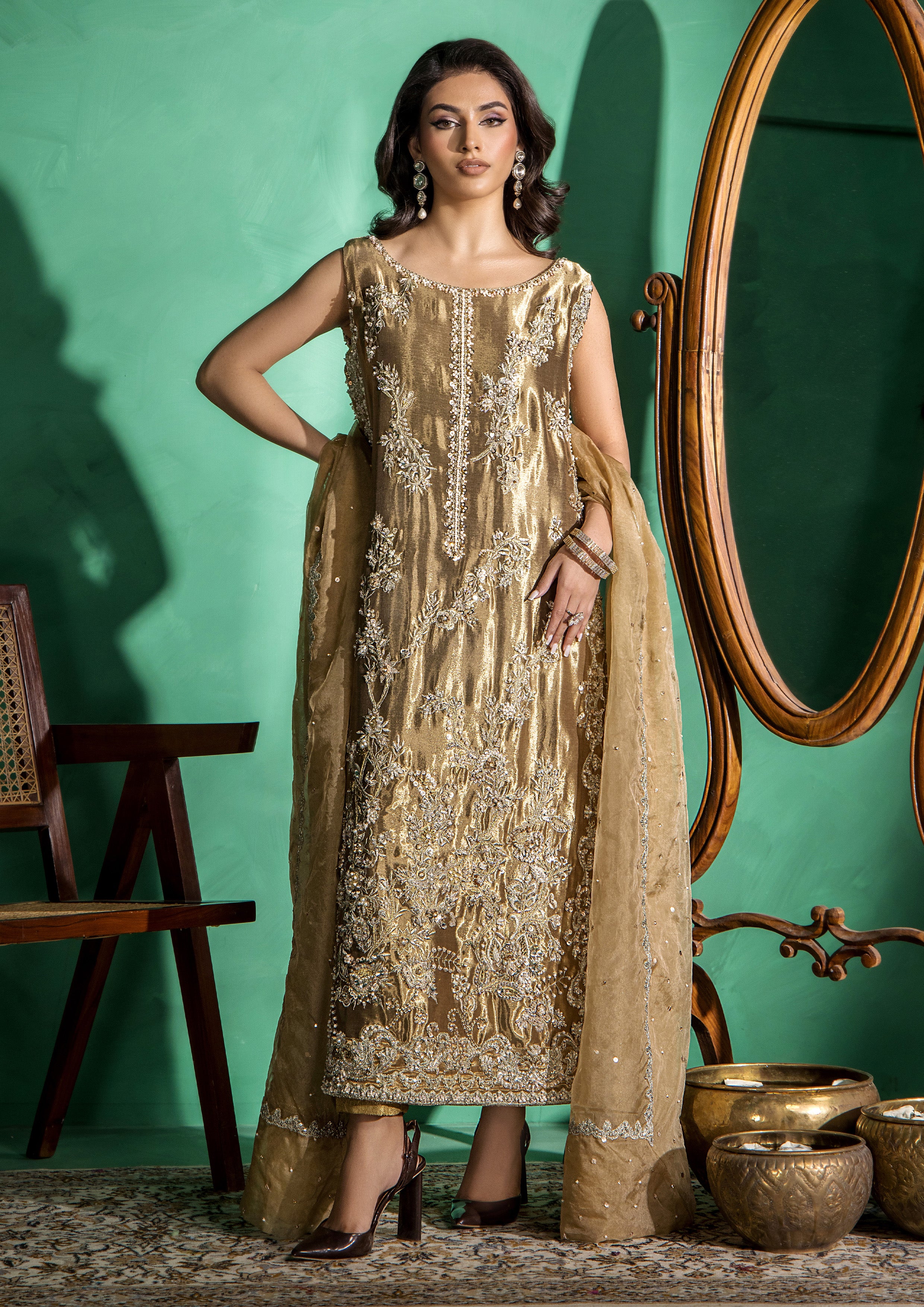 Antique Gold Embroidered Indian Tissue Salwar Kameez (3-Piece) - Image 6