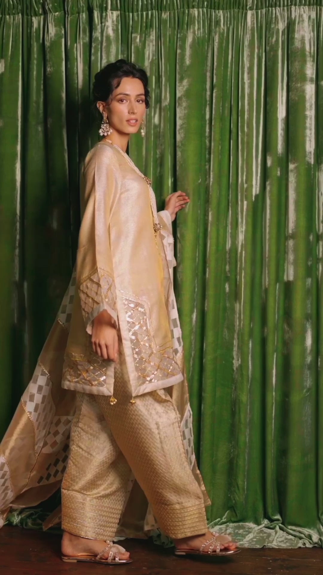 Light Golden Embroidered Jali Net Salwar Kameez (3-Piece) - Image 10