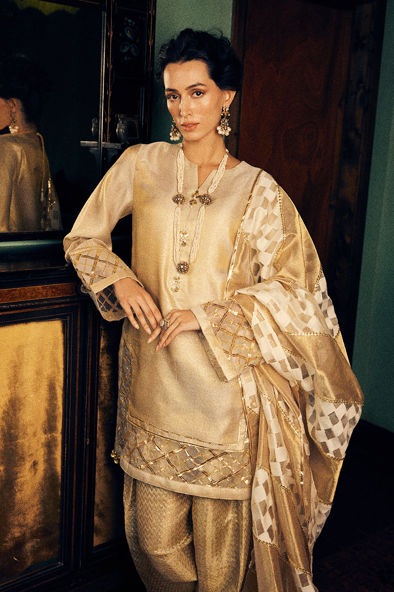 Light Golden Embroidered Jali Net Salwar Kameez (3-Piece) - Image 3