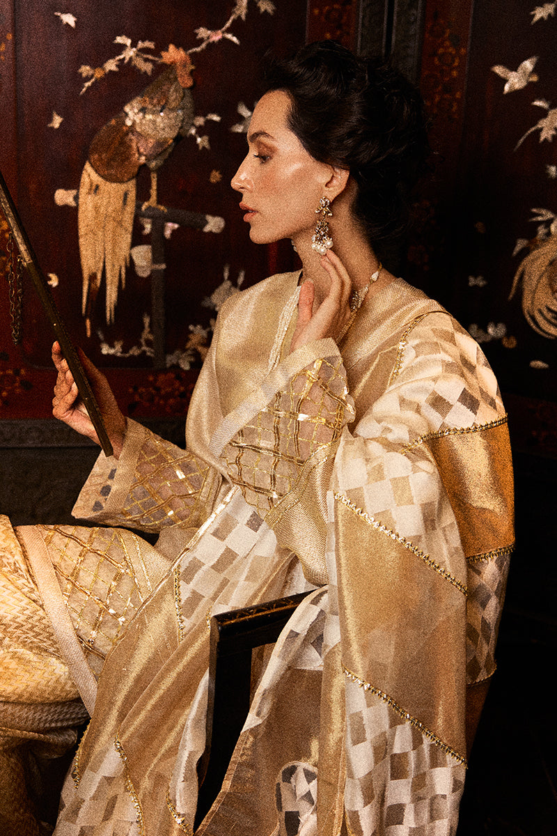 Light Golden Embroidered Jali Net Salwar Kameez (3-Piece) - Image 4