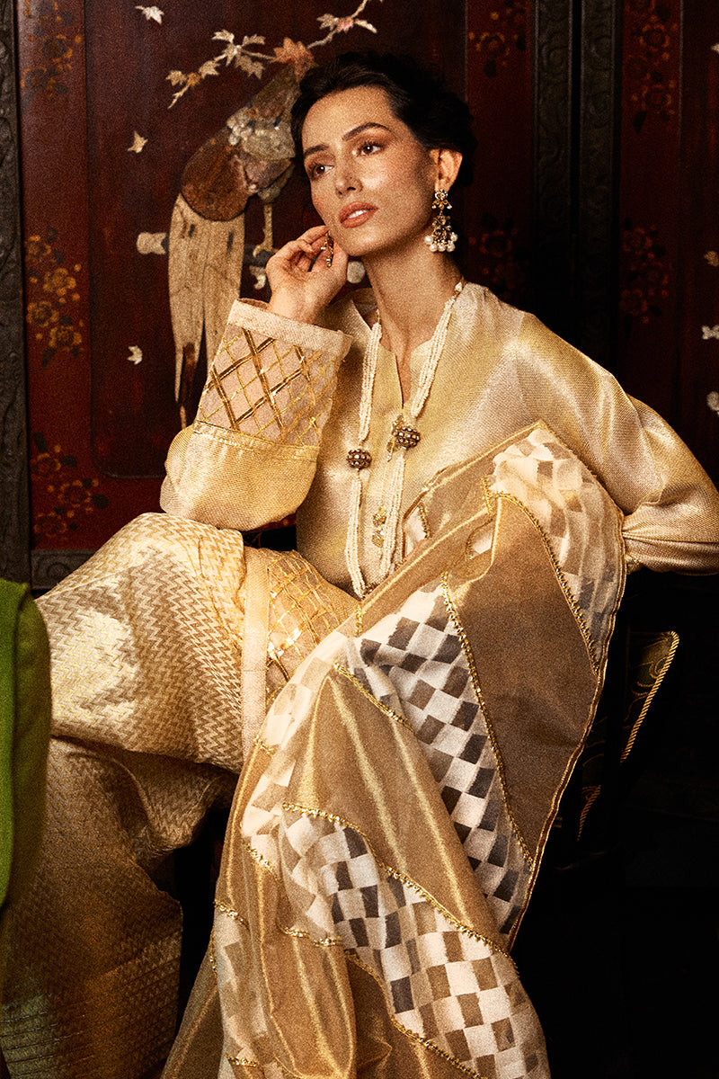 Light Golden Embroidered Jali Net Salwar Kameez (3-Piece) - Image 5