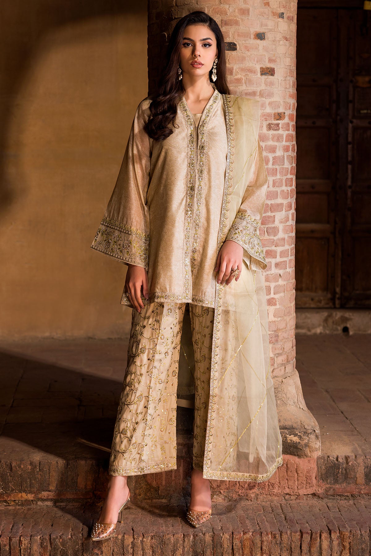 Sandalwood Embroidered Jamavar Salwar Kameez (3-Piece) - Image 1