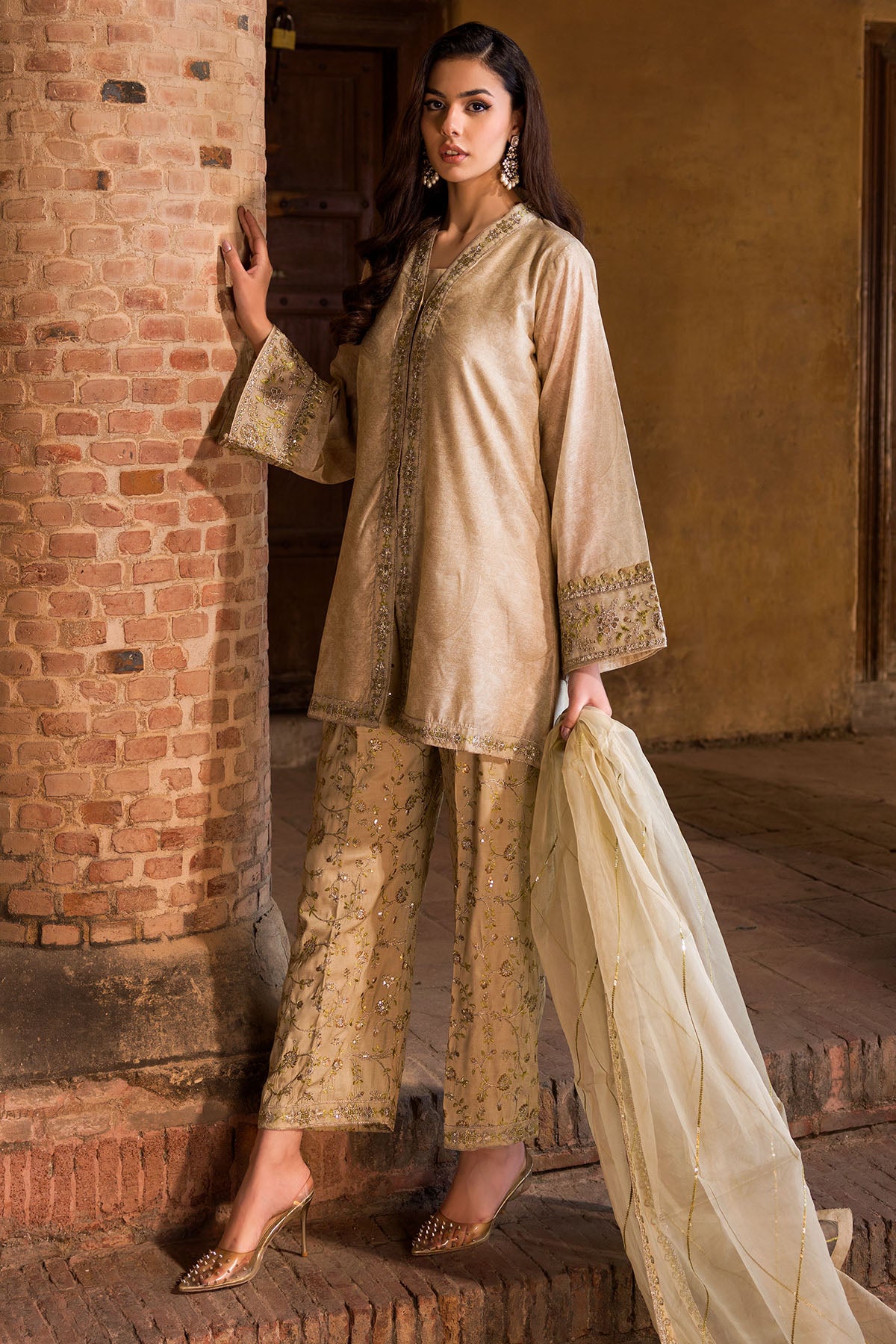 Sandalwood Embroidered Jamavar Salwar Kameez (3-Piece) - Image 2