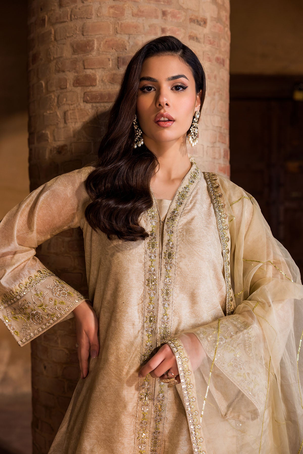 Sandalwood Embroidered Jamavar Salwar Kameez (3-Piece) - Image 3