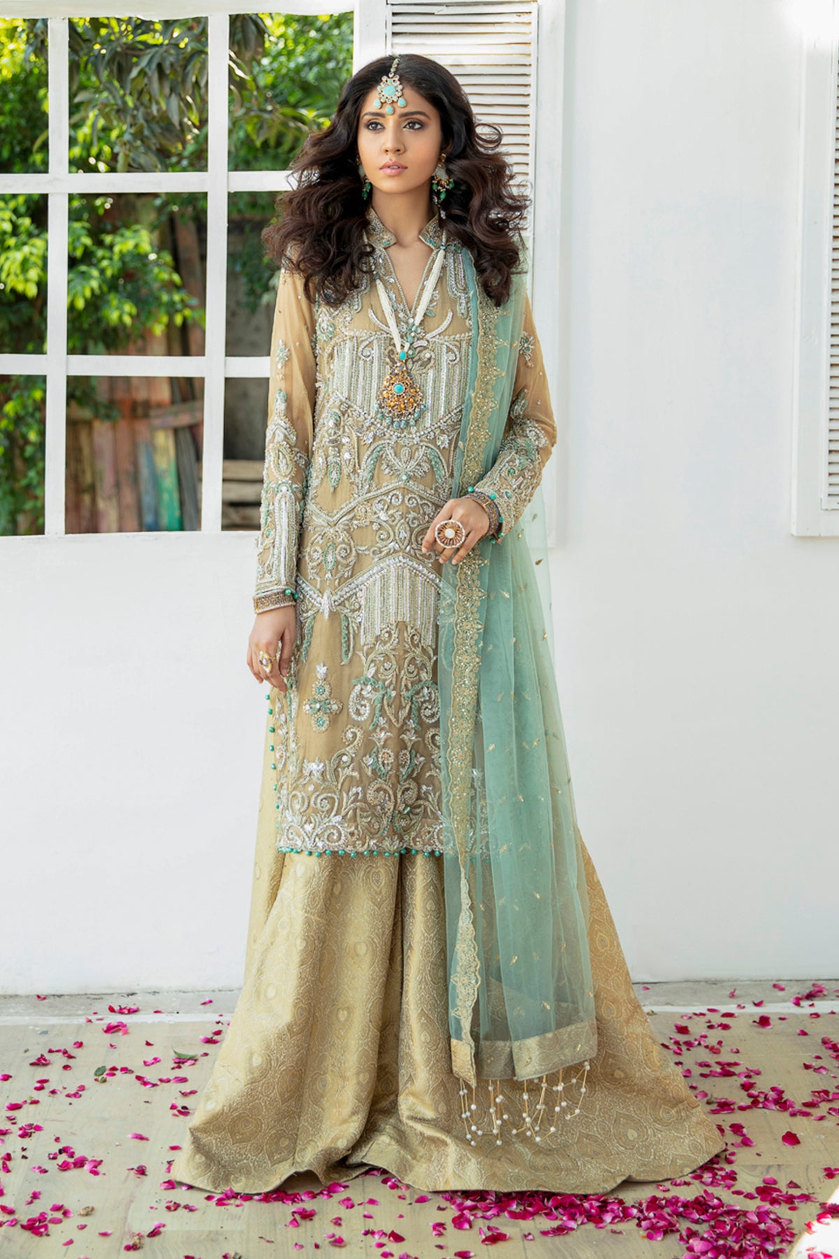 Golden Ferozi Embellished Jamawar Salwar Kameez (3-Piece) - Image 1