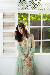Golden Ferozi Embellished Jamawar Salwar Kameez (3-Piece) - Image 4