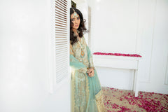 Golden Ferozi Embellished Jamawar Salwar Kameez (3-Piece) - Image 5