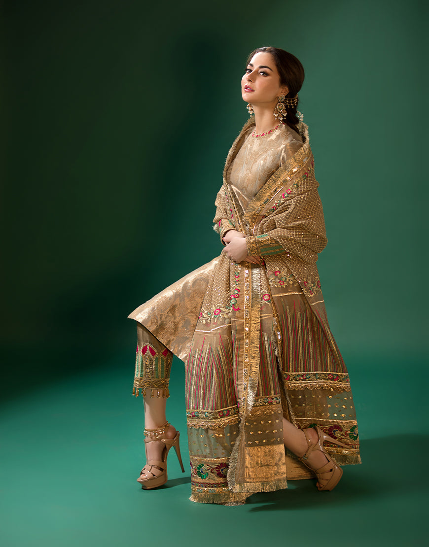 Mud Gold Embroidered Jamawar Salwar Kameez (3-Piece) - Image 3