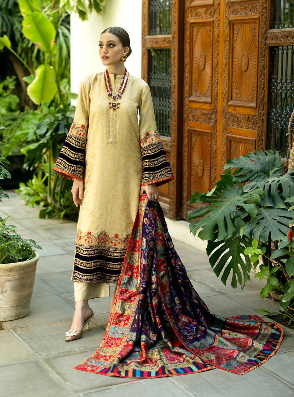 Golden-Beige Embroidered Jamawar Salwar Kameez (3-Piece) - Image 1