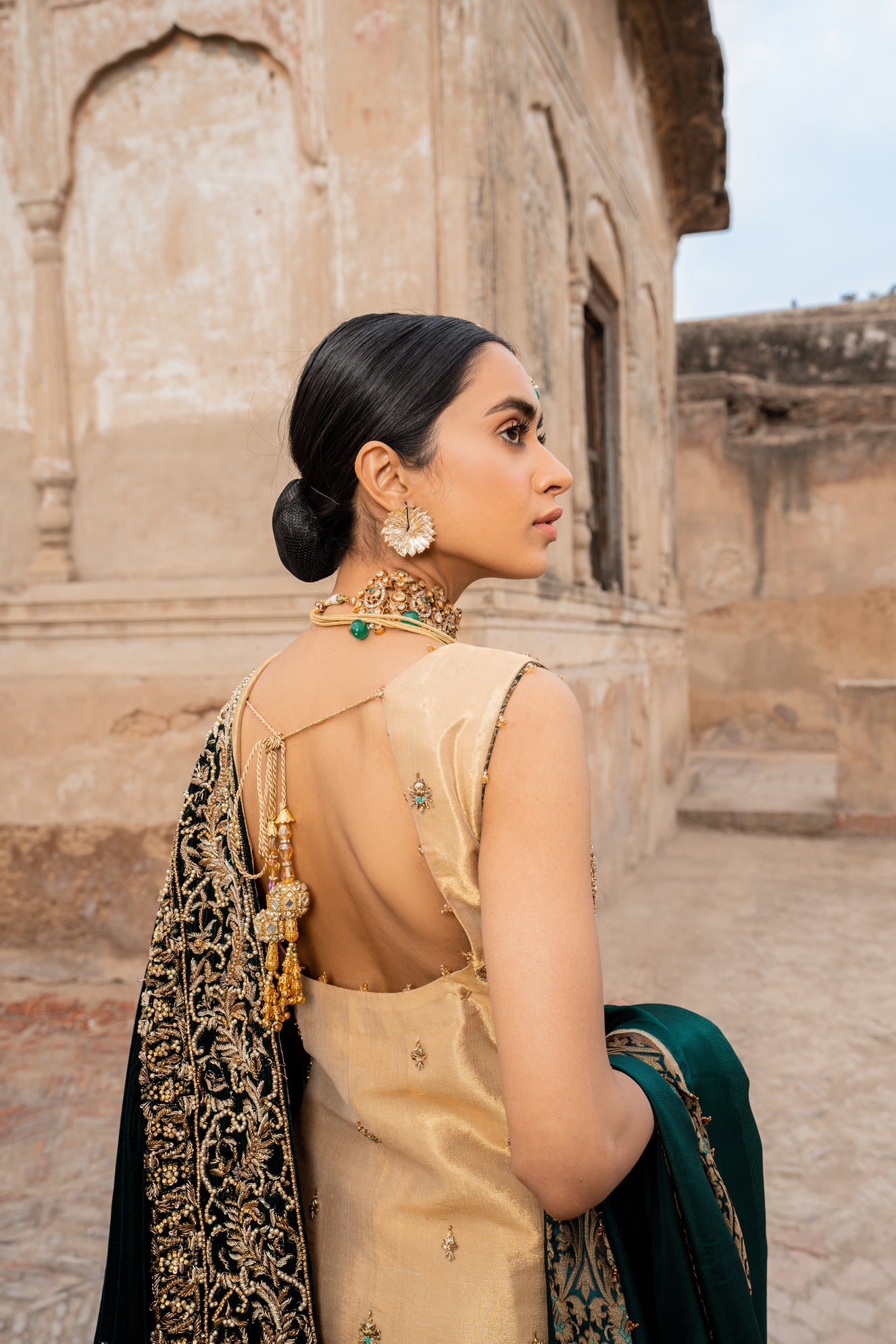 Gold Embellished Tissue Kameez with Green Jamawar Pants (3-Piece) - Image 6