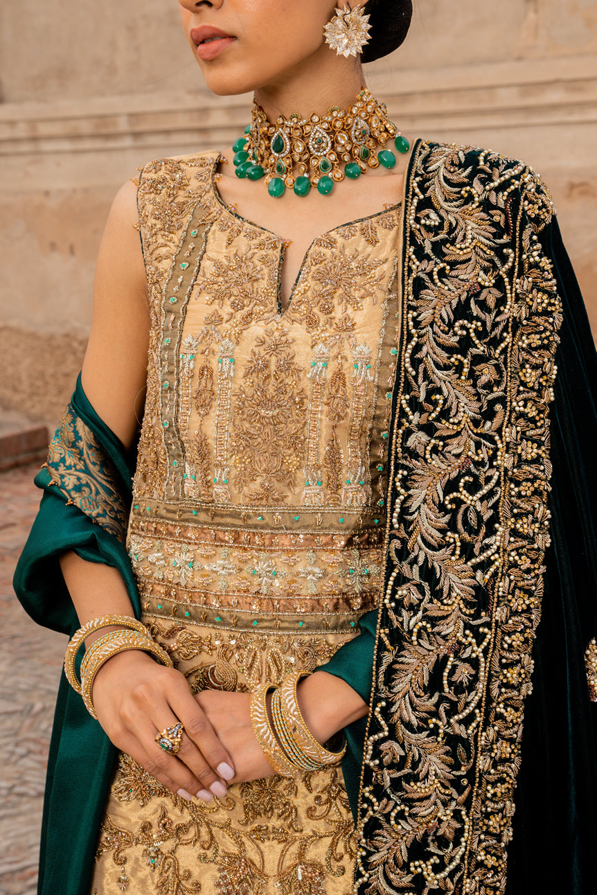 Gold Embellished Tissue Kameez with Green Jamawar Pants (3-Piece) - Image 7