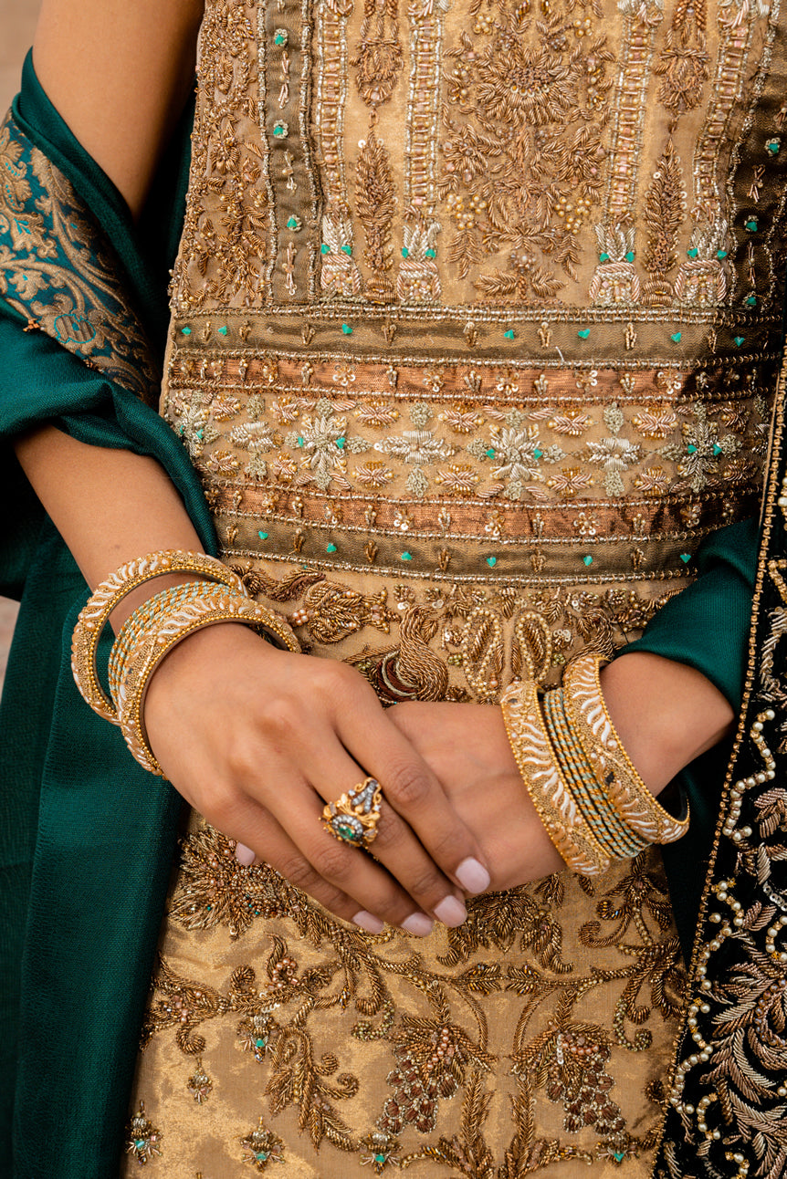Gold Embellished Tissue Kameez with Green Jamawar Pants (3-Piece) - Image 8