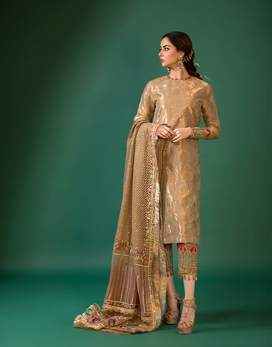 Mud Gold Embroidered Jamawar Salwar Kameez (3-Piece) - Image 1
