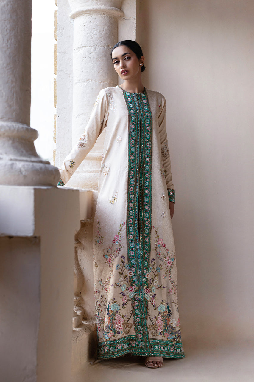 Pakistani Champagne Embroidered Self Jamawar Salwar Kameez (2-Piece) - Image 1