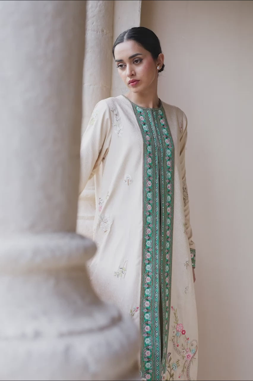 Pakistani Champagne Embroidered Self Jamawar Salwar Kameez (2-Piece) - Image 10