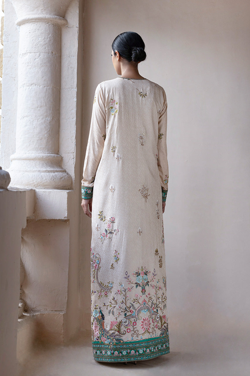 Pakistani Champagne Embroidered Self Jamawar Salwar Kameez (2-Piece) - Image 2