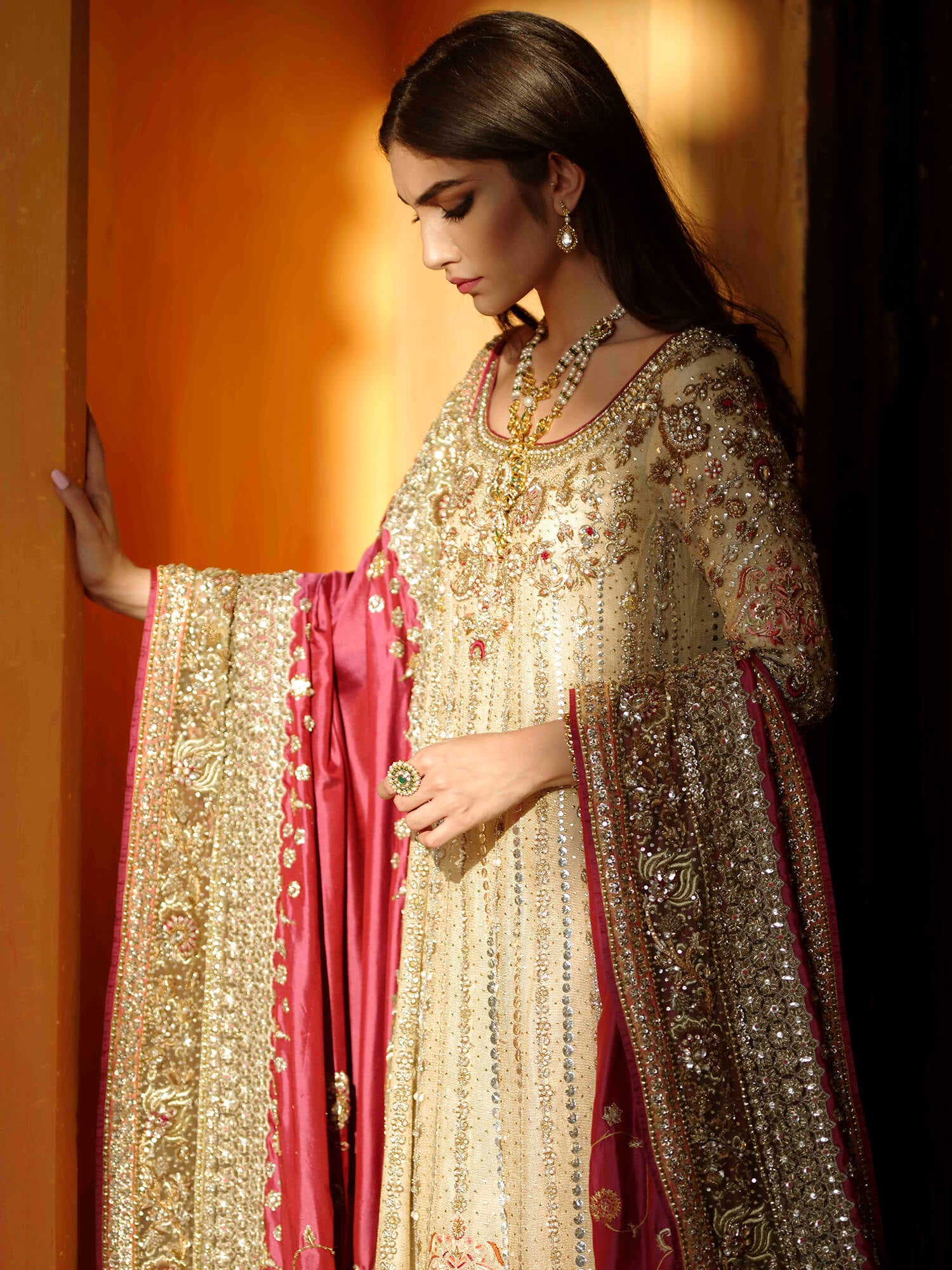 Pink Zardozi Kathan Silk Bridal Shirt (3-Piece) - Image 2