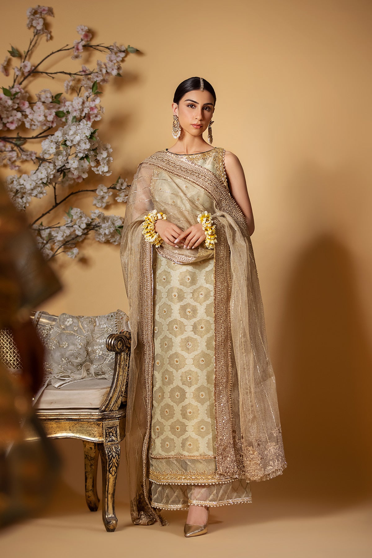 Gold Hand-Embroidered Khaadi Net Dupatta (1-Pc) - Image 1