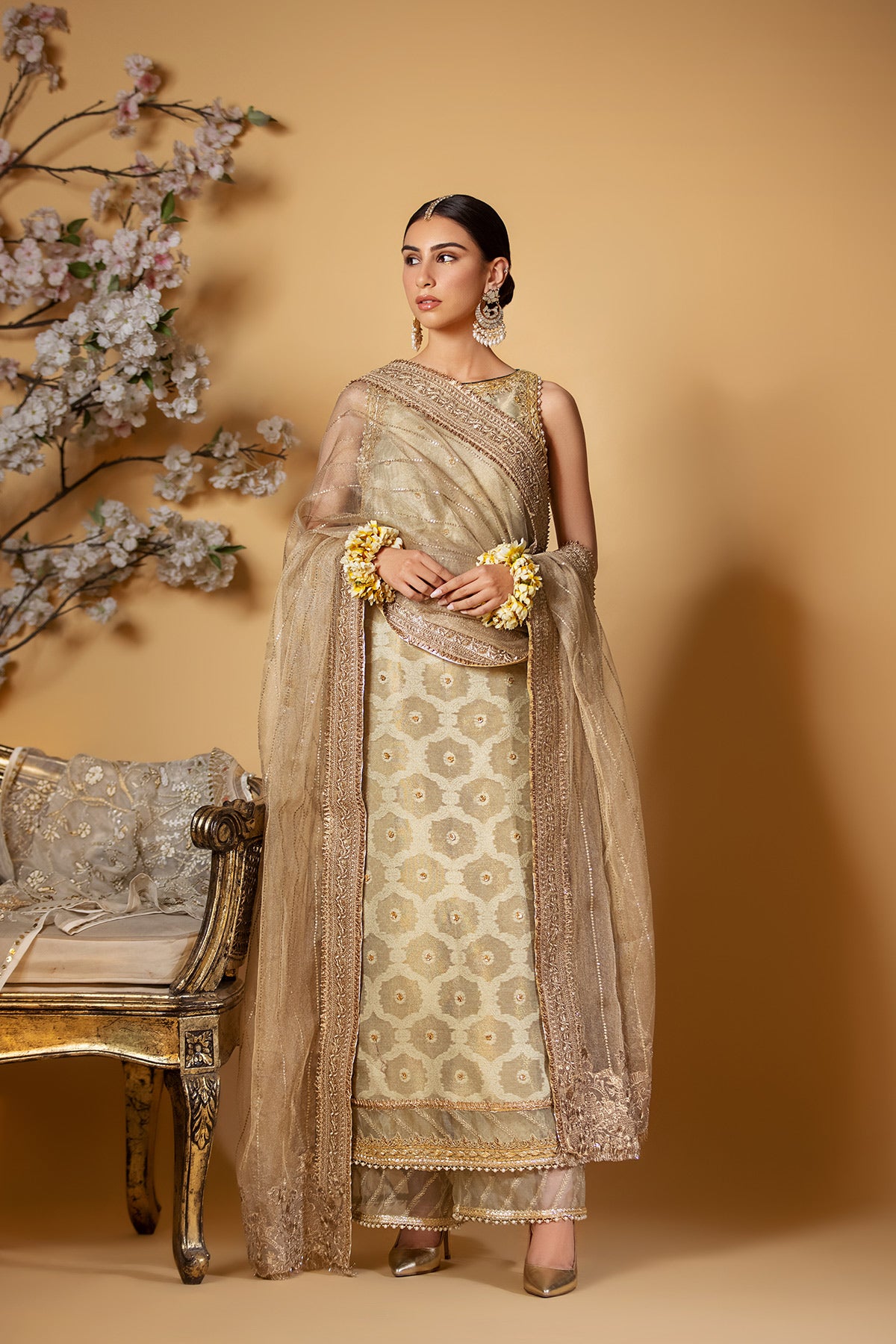 Gold Hand-Embroidered Khaadi Net Dupatta (1-Pc) - Image 2