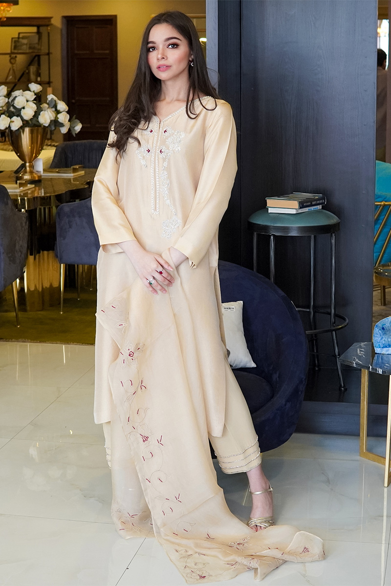 Pakistani Gold Pearl Embellished Korean Raw Silk Salwar Kameez (3-Piece) - Image 1