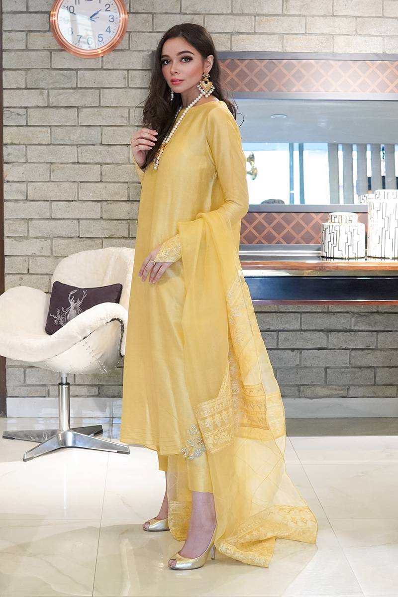 Golden Yellow Embroidered Korean Raw Silk Salwar Kameez (3-Piece) - Image 2