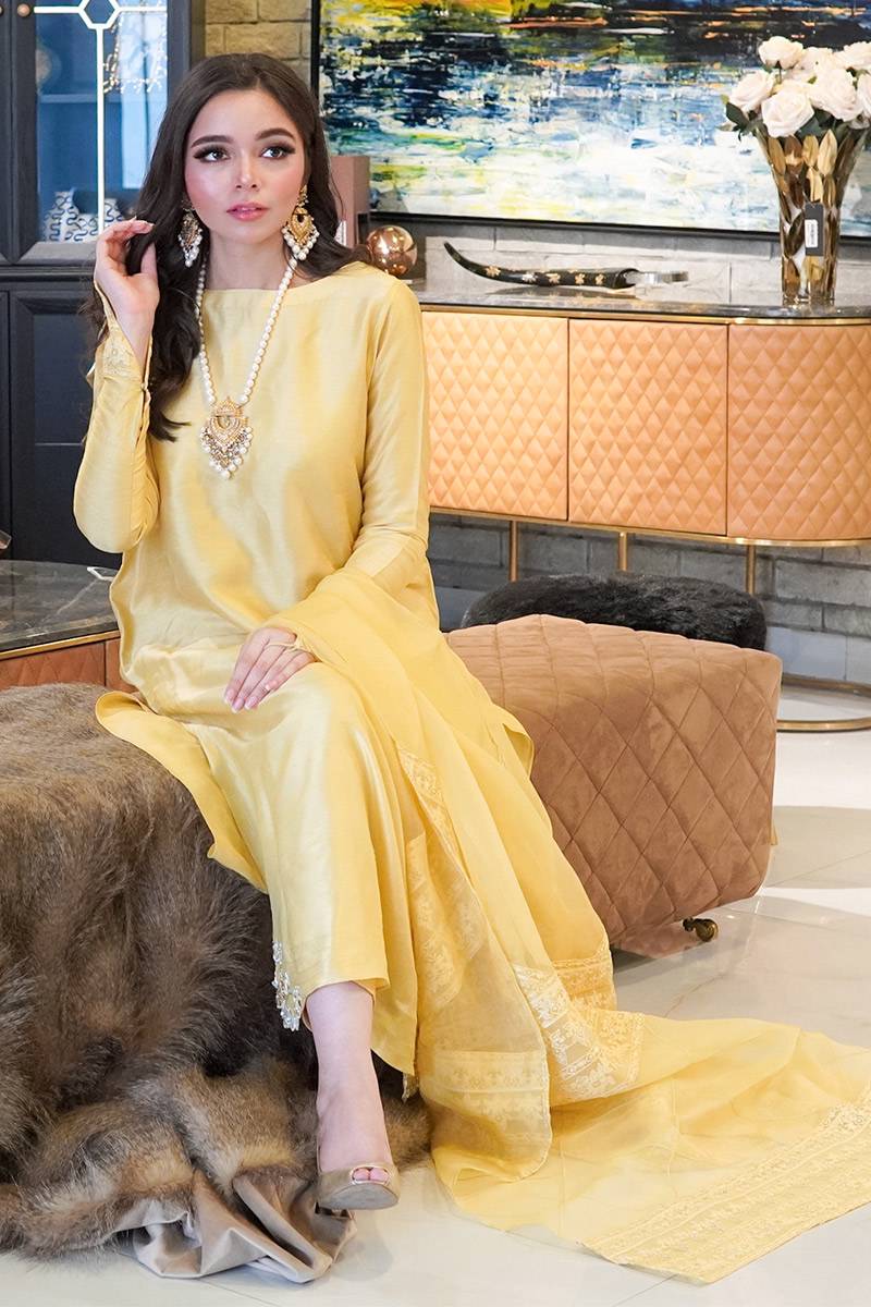 Golden Yellow Embroidered Korean Raw Silk Salwar Kameez (3-Piece) - Image 3