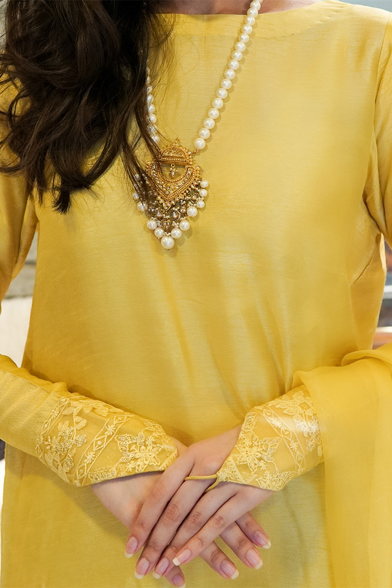 Golden Yellow Embroidered Korean Raw Silk Salwar Kameez (3-Piece) - Image 5