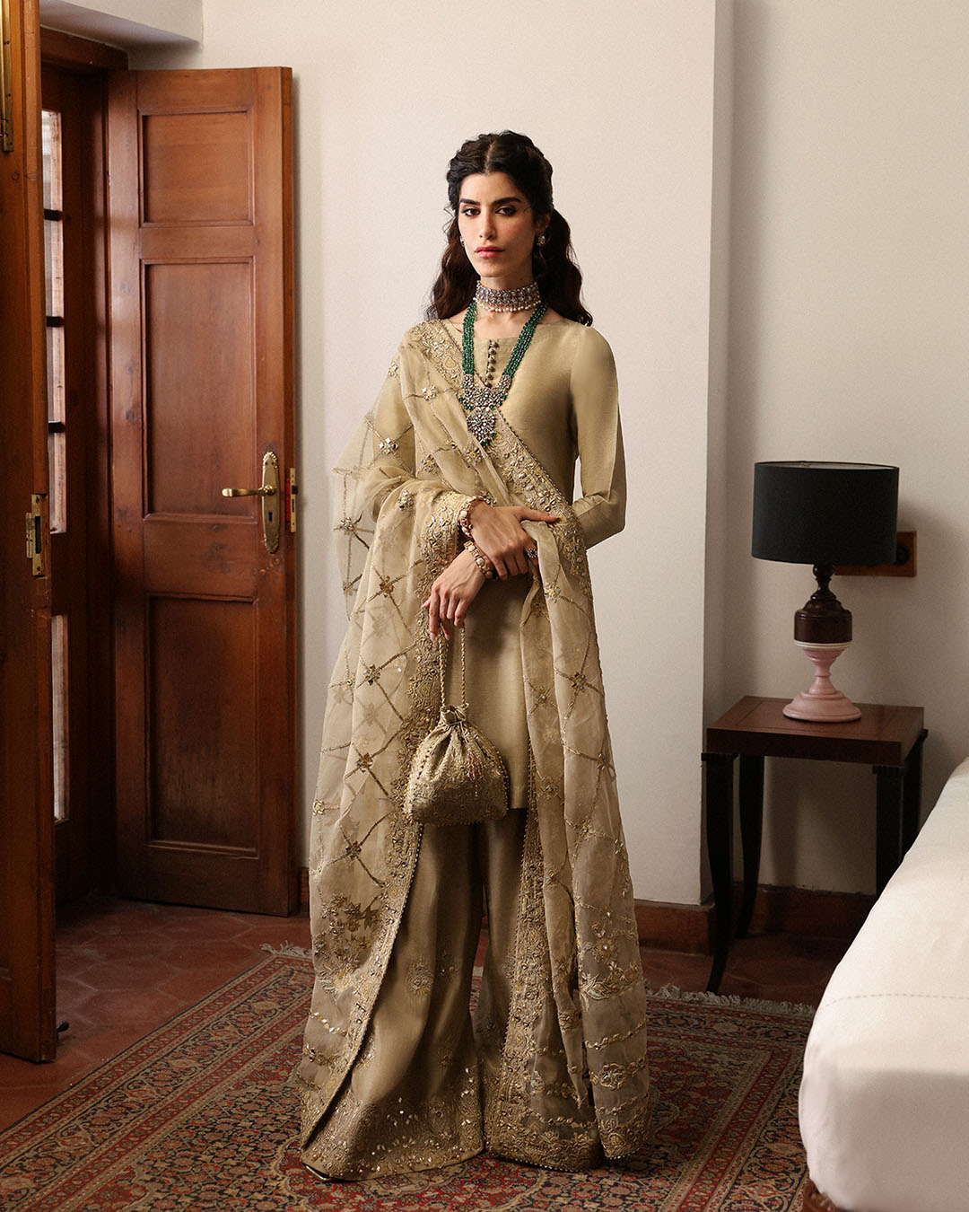 Pakistani Gold Embroidered Korean Raw Silk Salwar Kameez (3-Piece) - Image 1