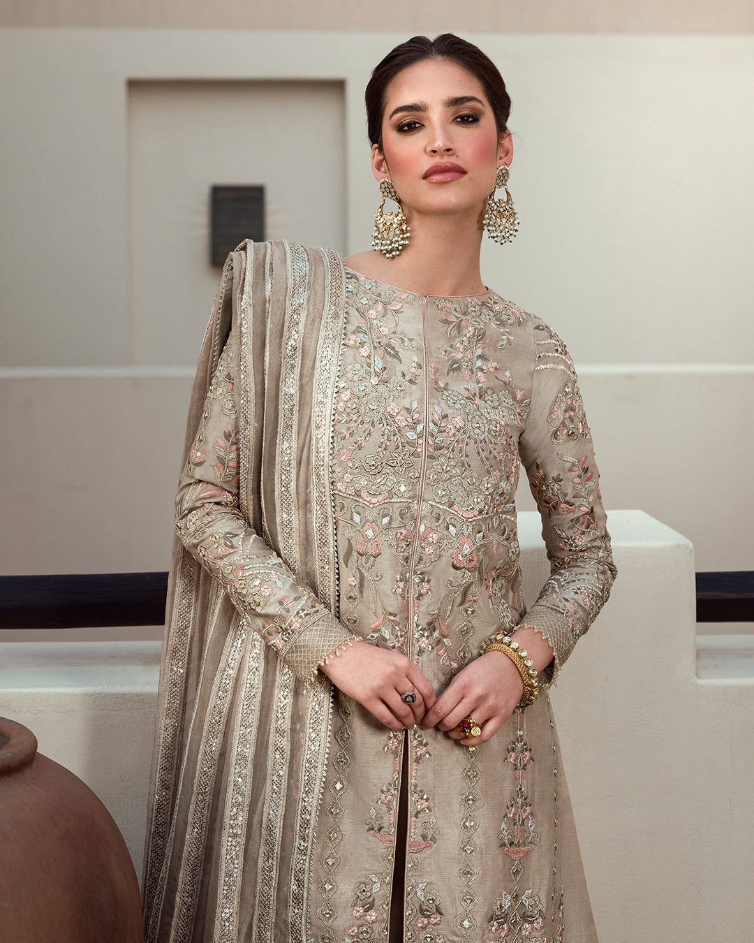 Pakistani Gold Embroidered Korean Raw Silk Jacket (3-Piece) - Image 2