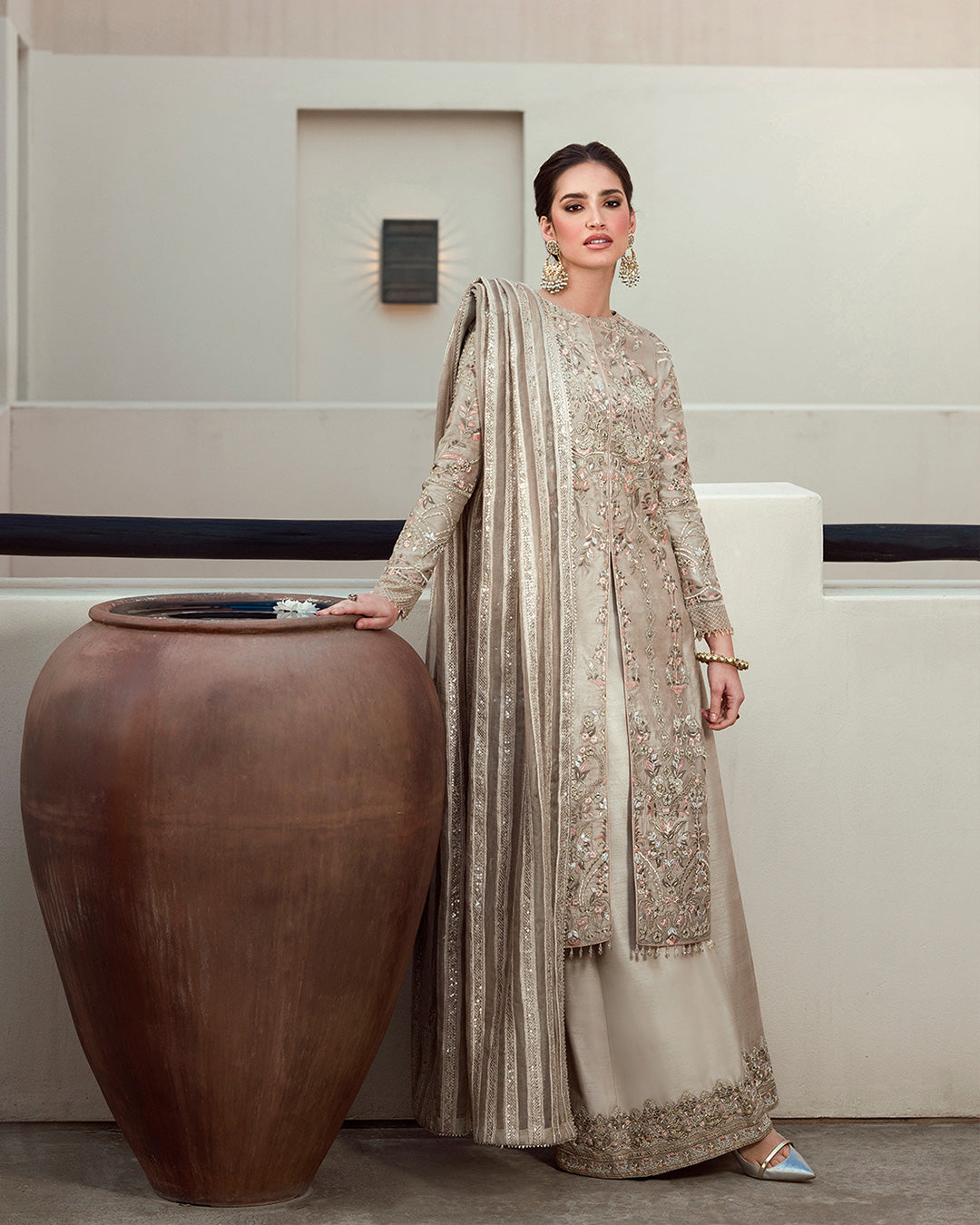 Pakistani Gold Embroidered Korean Raw Silk Jacket (3-Piece) - Image 5