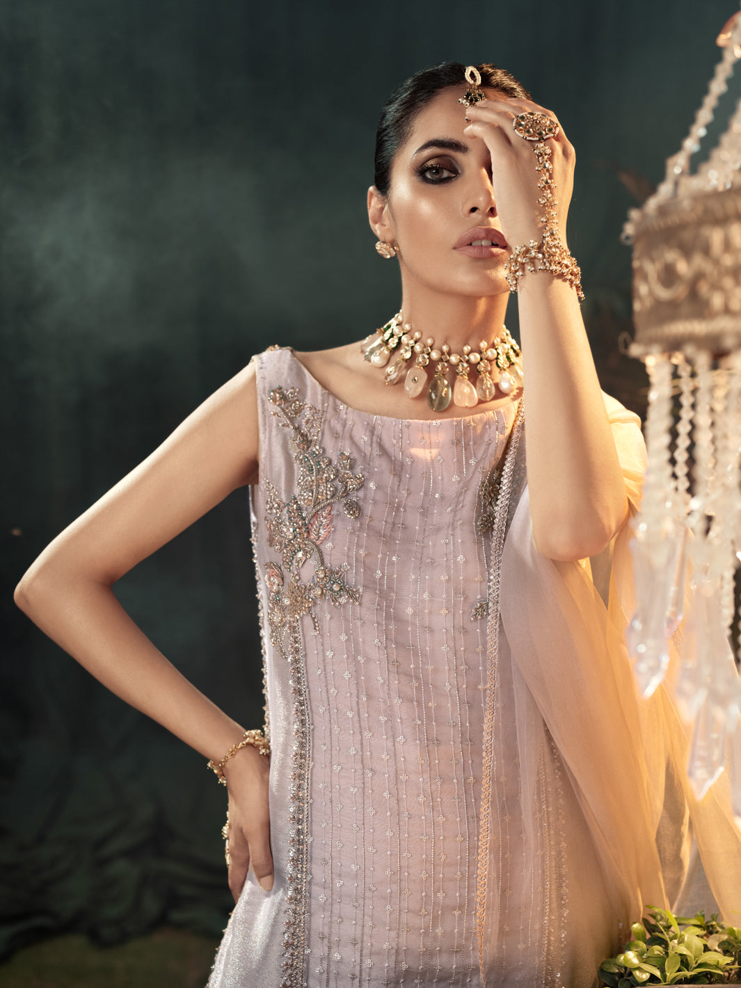 Pakistani Antique Gold Embellished Kundan Net Salwar Kameez (3-Piece) - Image 5