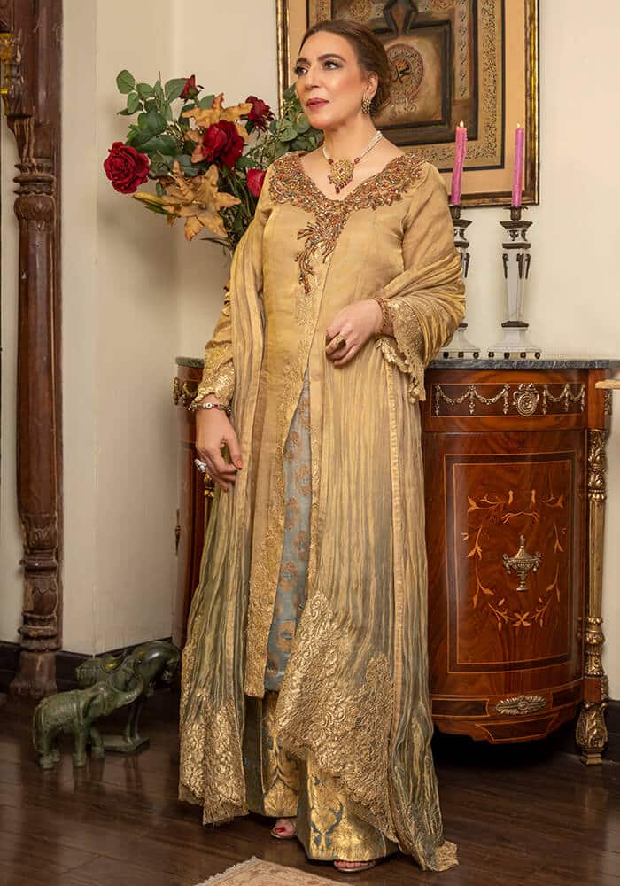 Jade Gold Kundan Zari Zardozi Salwar Kameez (3-Piece) - Image 3