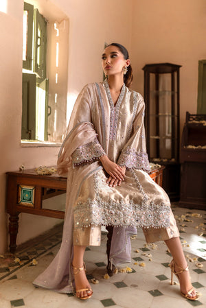 Rose Gold Mukesh & Mirror Lamé Salwar Kameez (3-Piece) - Image 3