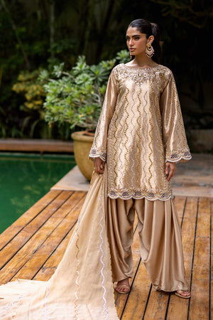Golden Mukesh Kora Dabka Lamé Salwar Kameez (3-Piece) - Image 1