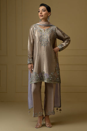 Rose Gold Embroidered Lamè Salwar Kameez (3-Piece) - Image 1