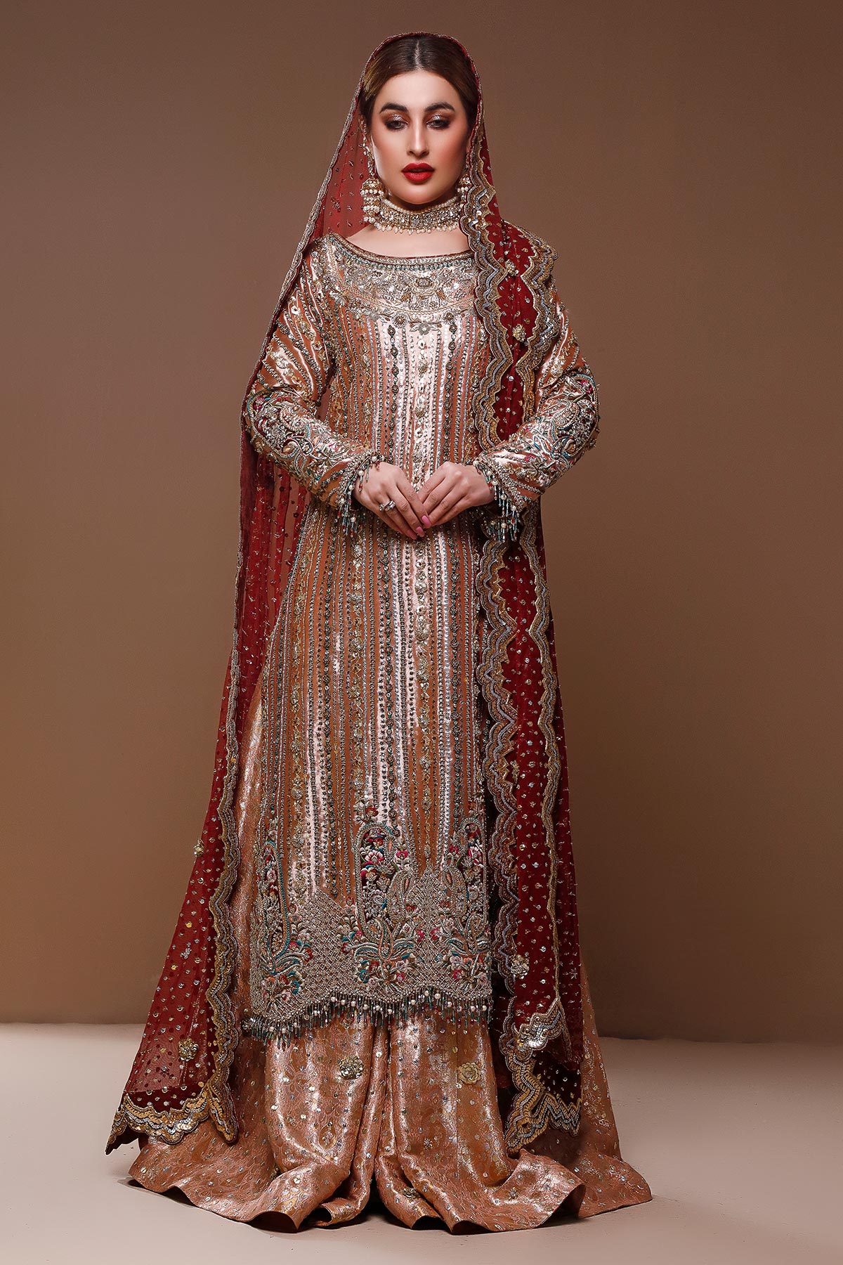 Rose Gold Embroidered Lamé Bridal Salwar Kameez (3-Piece) - Image 1