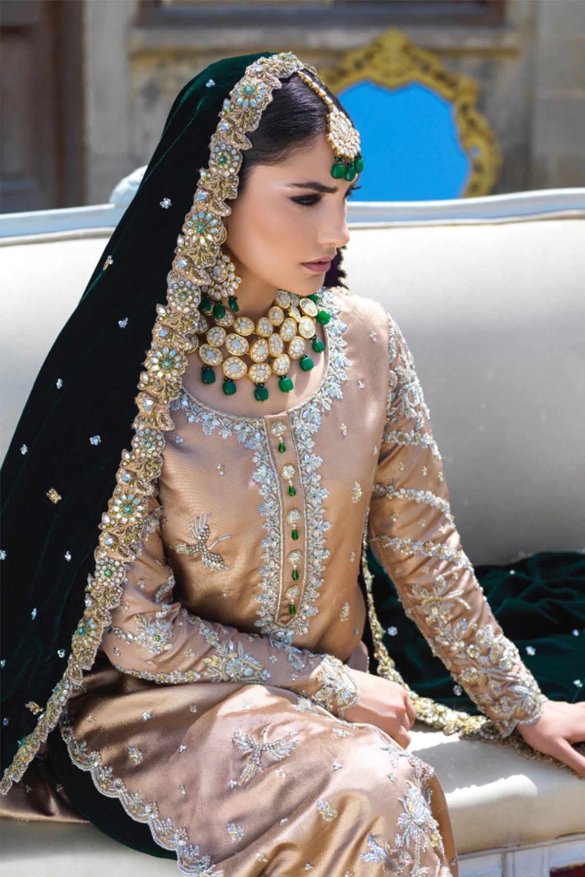 Pakistani Rose Gold Zardozi Lamé Salwar Kameez (3-Piece) - Image 5