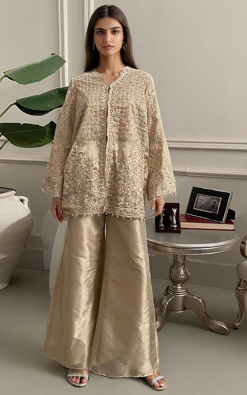 Pakistani Gold Embroidered Masoori Jacket & Wide-Leg Trousers (2-Piece) - Image 1