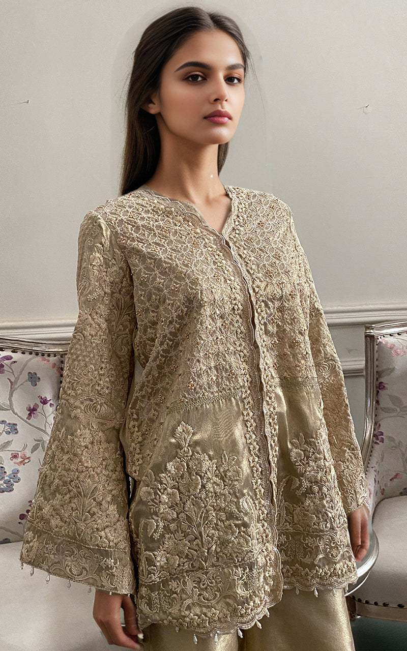 Pakistani Gold Embroidered Masoori Jacket & Wide-Leg Trousers (2-Piece) - Image 2