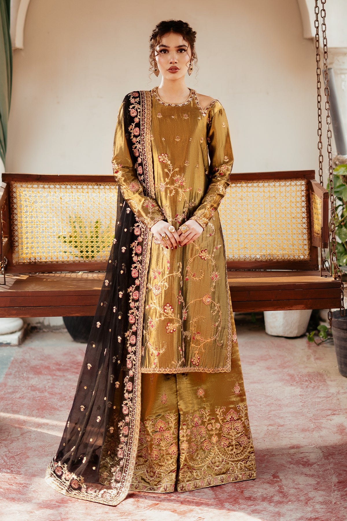 Antique Gold Embroidered Masoori Salwar Kameez (3-Piece) - Image 1