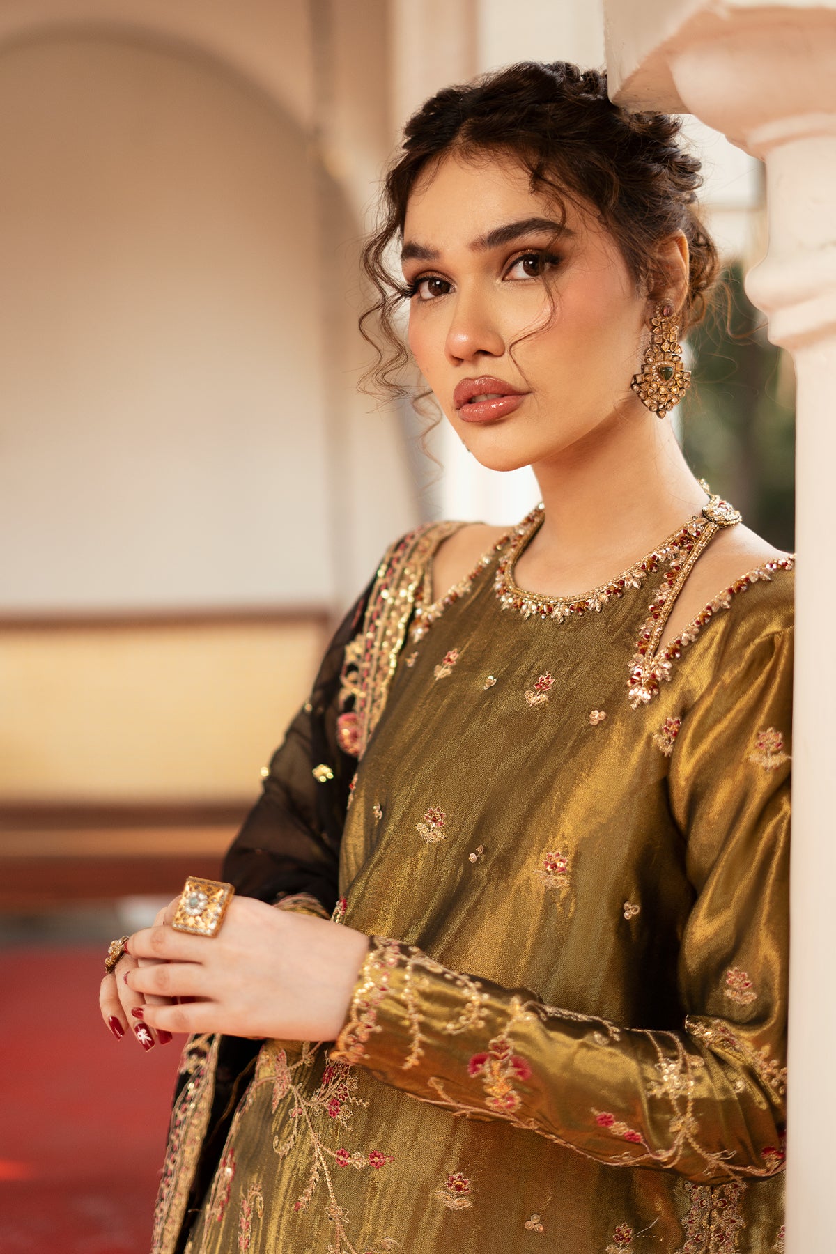 Antique Gold Embroidered Masoori Salwar Kameez (3-Piece) - Image 2