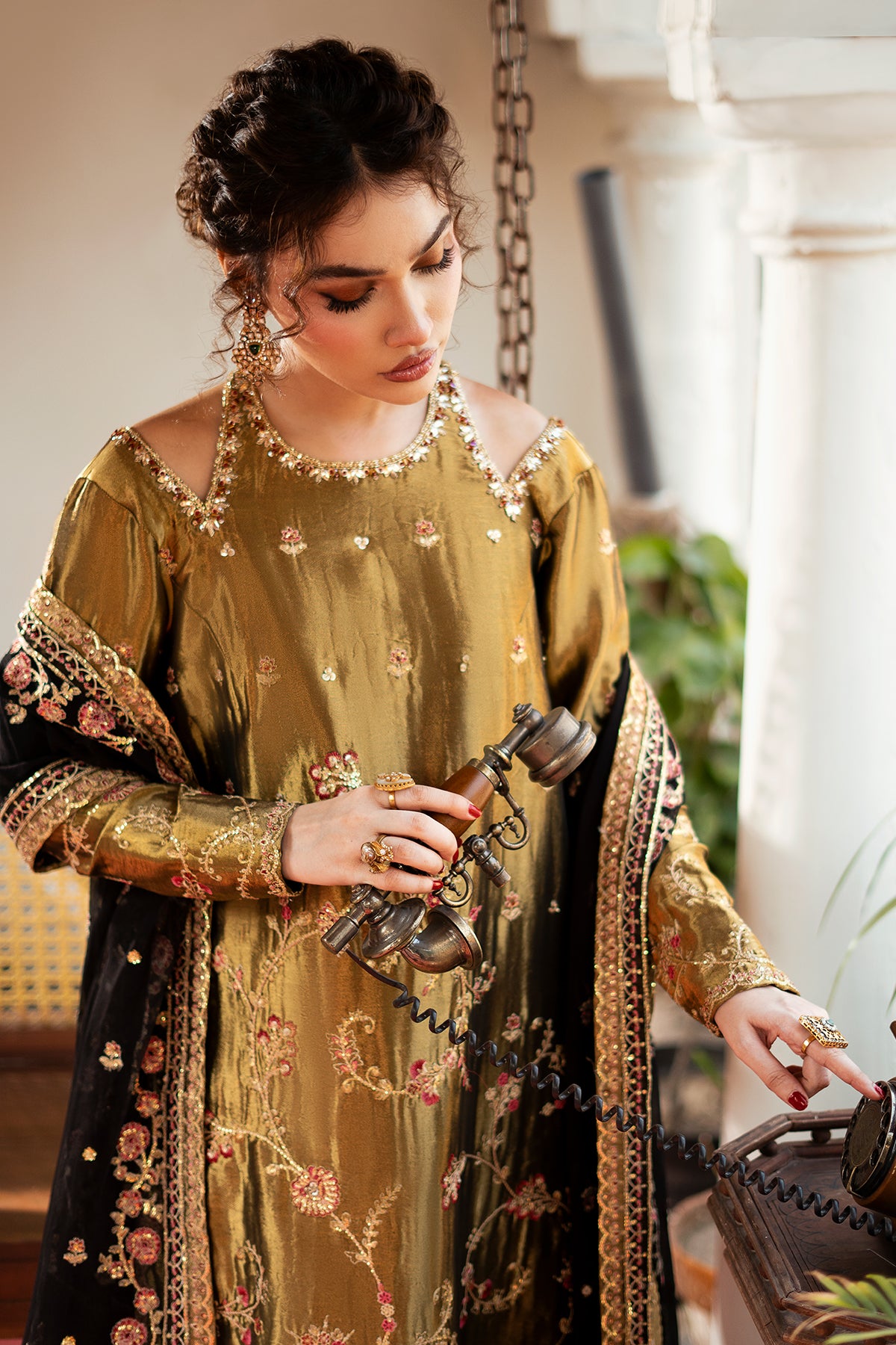 Antique Gold Embroidered Masoori Salwar Kameez (3-Piece) - Image 3