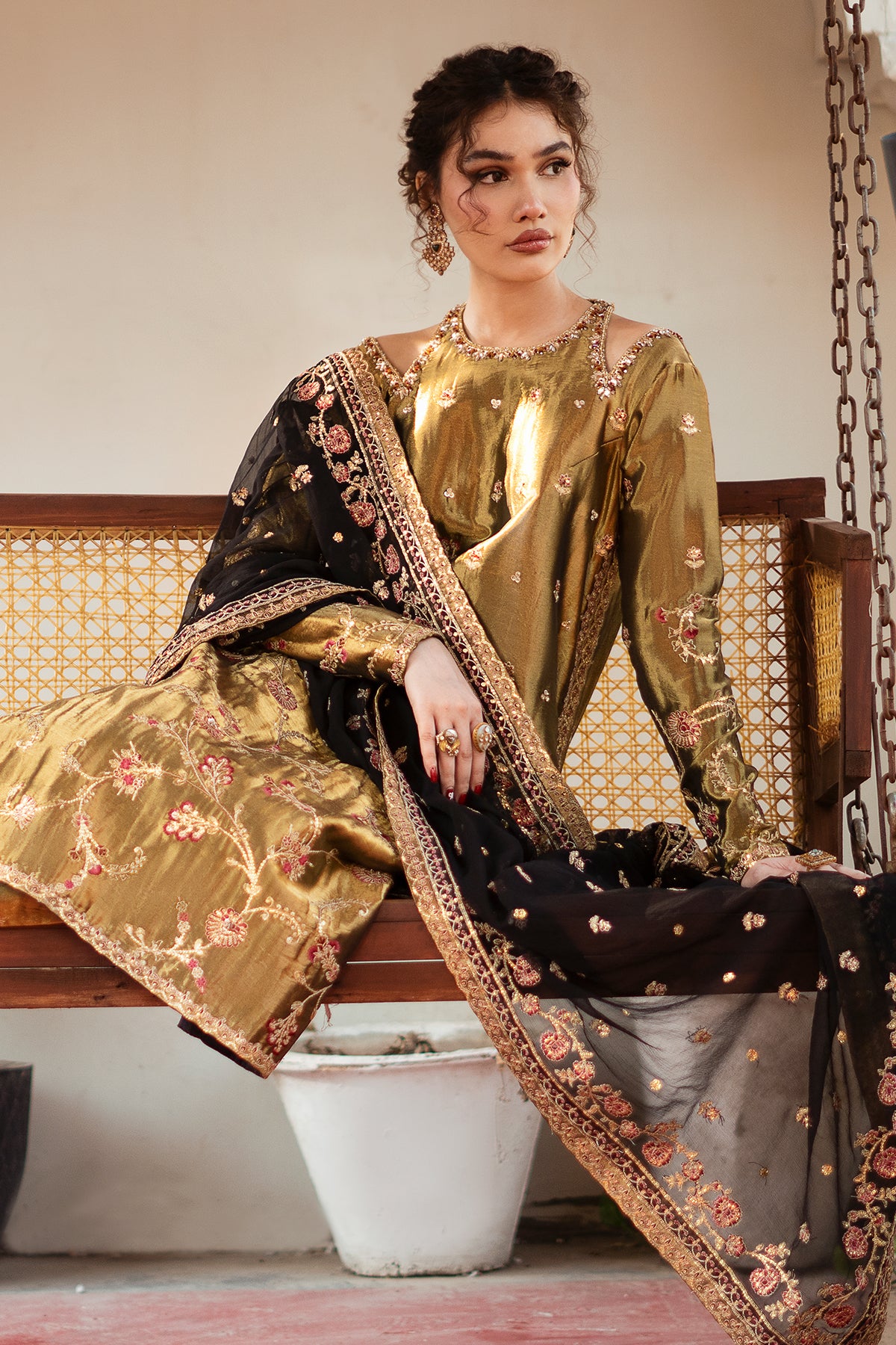 Antique Gold Embroidered Masoori Salwar Kameez (3-Piece) - Image 4