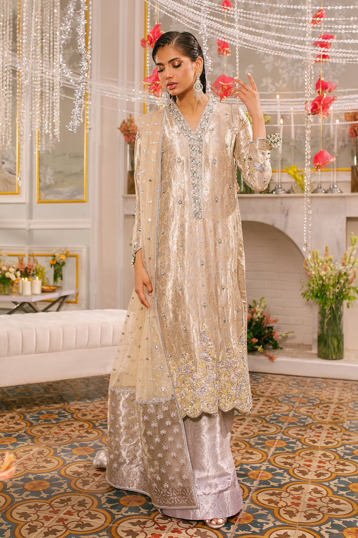 Champagne Zardozi Metallic Damask Salwar Kameez (3-Piece) - Image 2