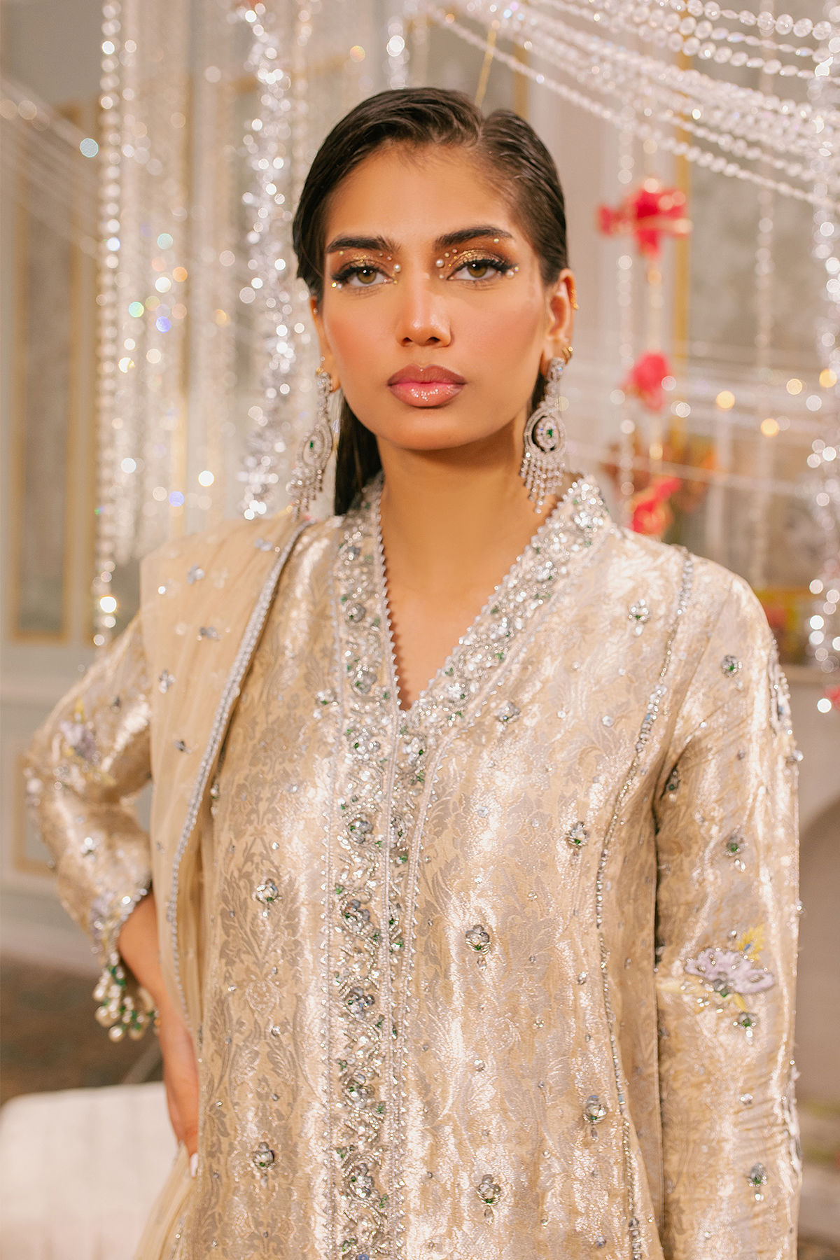 Champagne Zardozi Metallic Damask Salwar Kameez (3-Piece) - Image 3