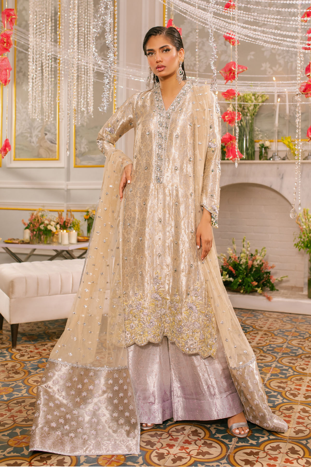 Champagne Zardozi Metallic Damask Salwar Kameez (3-Piece) - Image 4