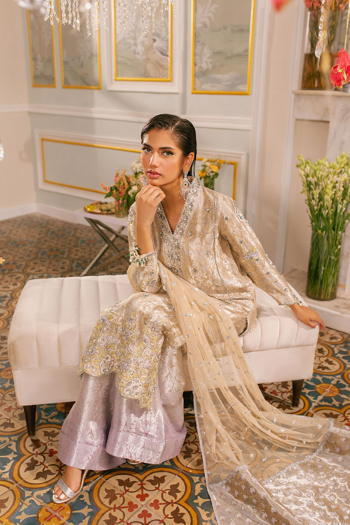 Champagne Zardozi Metallic Damask Salwar Kameez (3-Piece) - Image 5