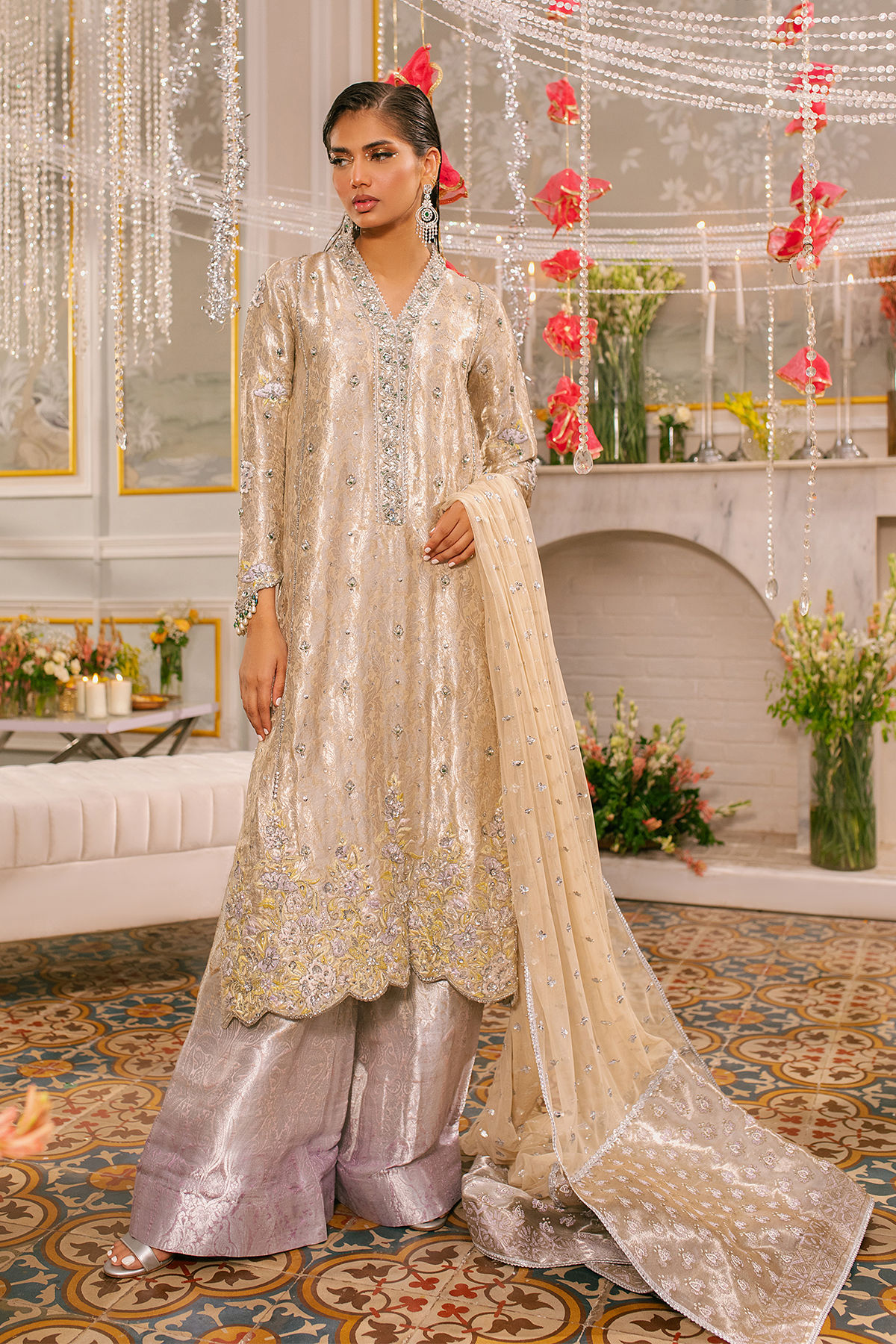 Champagne Zardozi Metallic Damask Salwar Kameez (3-Piece) - Image 6
