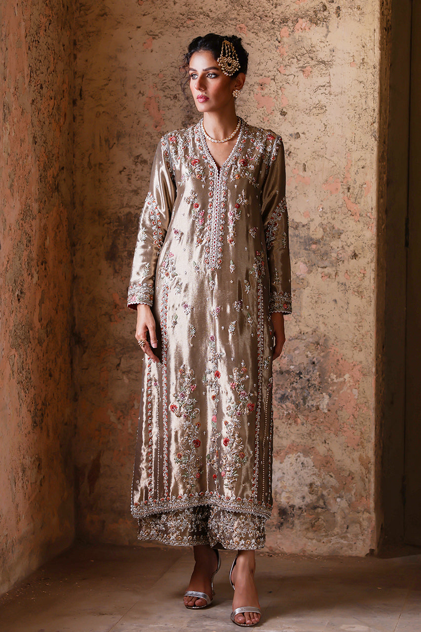 Pakistani Gold Zardozi Metallic Silk Salwar Kameez (3-Piece) - Image 12