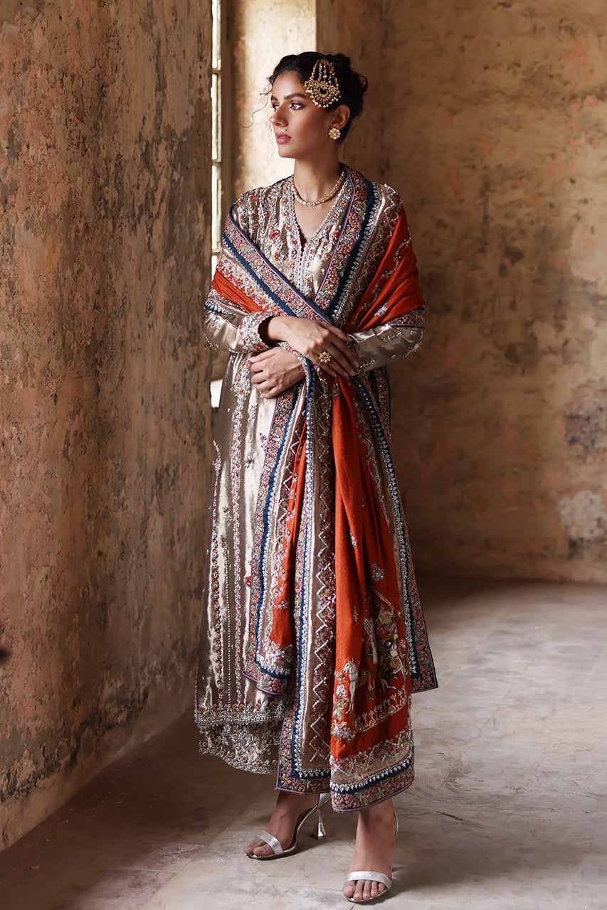 Pakistani Gold Zardozi Metallic Silk Salwar Kameez (3-Piece) - Image 5